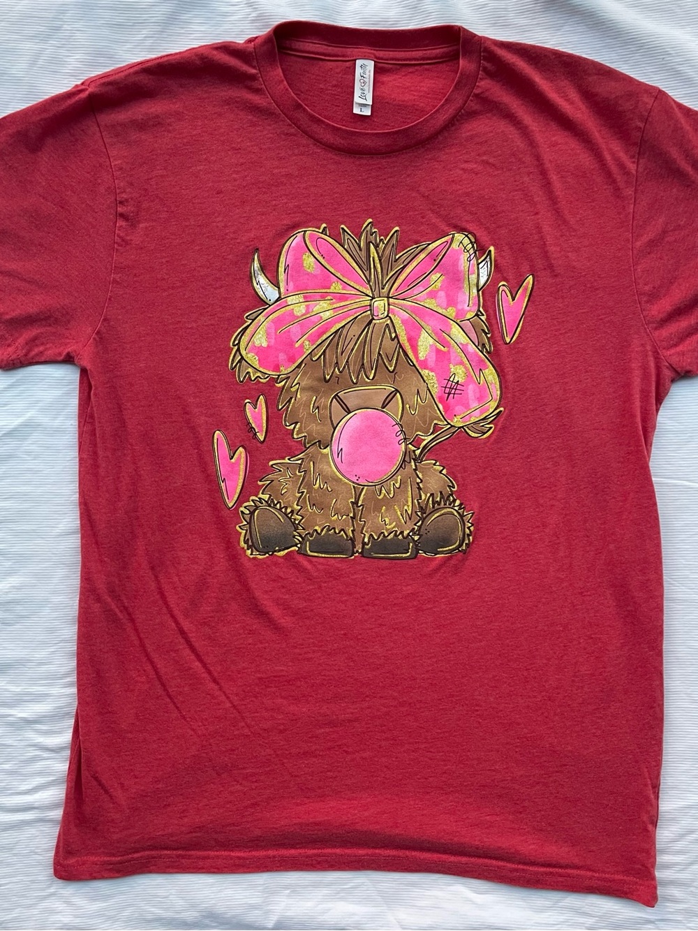 Love in Faith Highland Cow Pink Bow Bubblegum Red Graphic Tee Shirt Large
